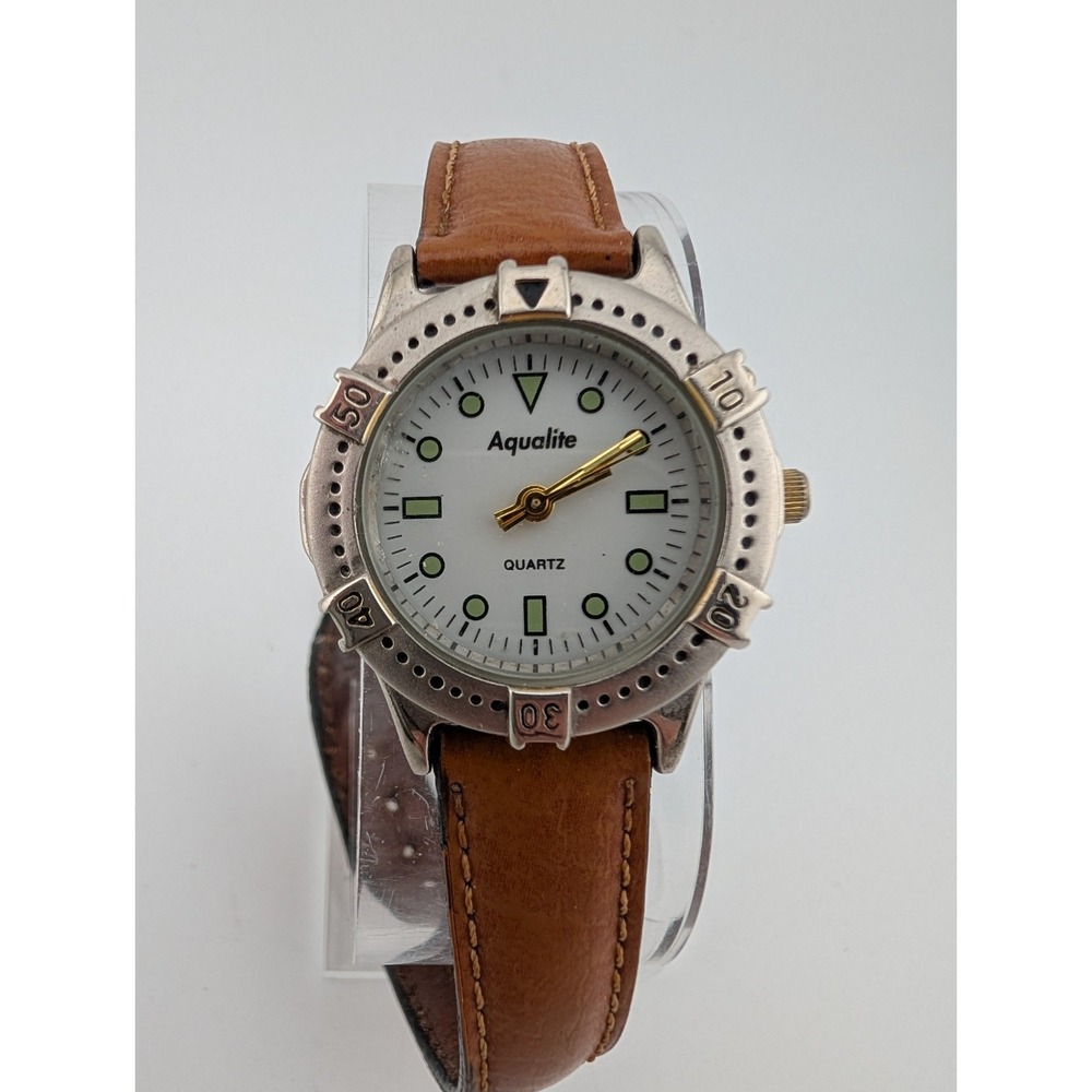 Aqualite Watch Women 30mm Case Backlight Brown Leather‎ Band- New Battery